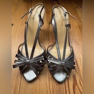 Kate Spade metalic/grey silver leather peep toes sandals heels 8B